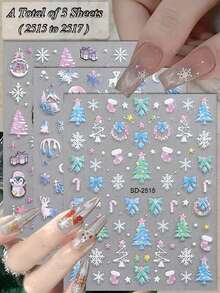3/6/12/24 张圣诞美甲贴纸，5D 自粘圣诞指甲贴花，带雪花、圣诞树、圣诞帽、拐杖糖、礼物和铃铛图案，冬季节日派对美甲装饰用品