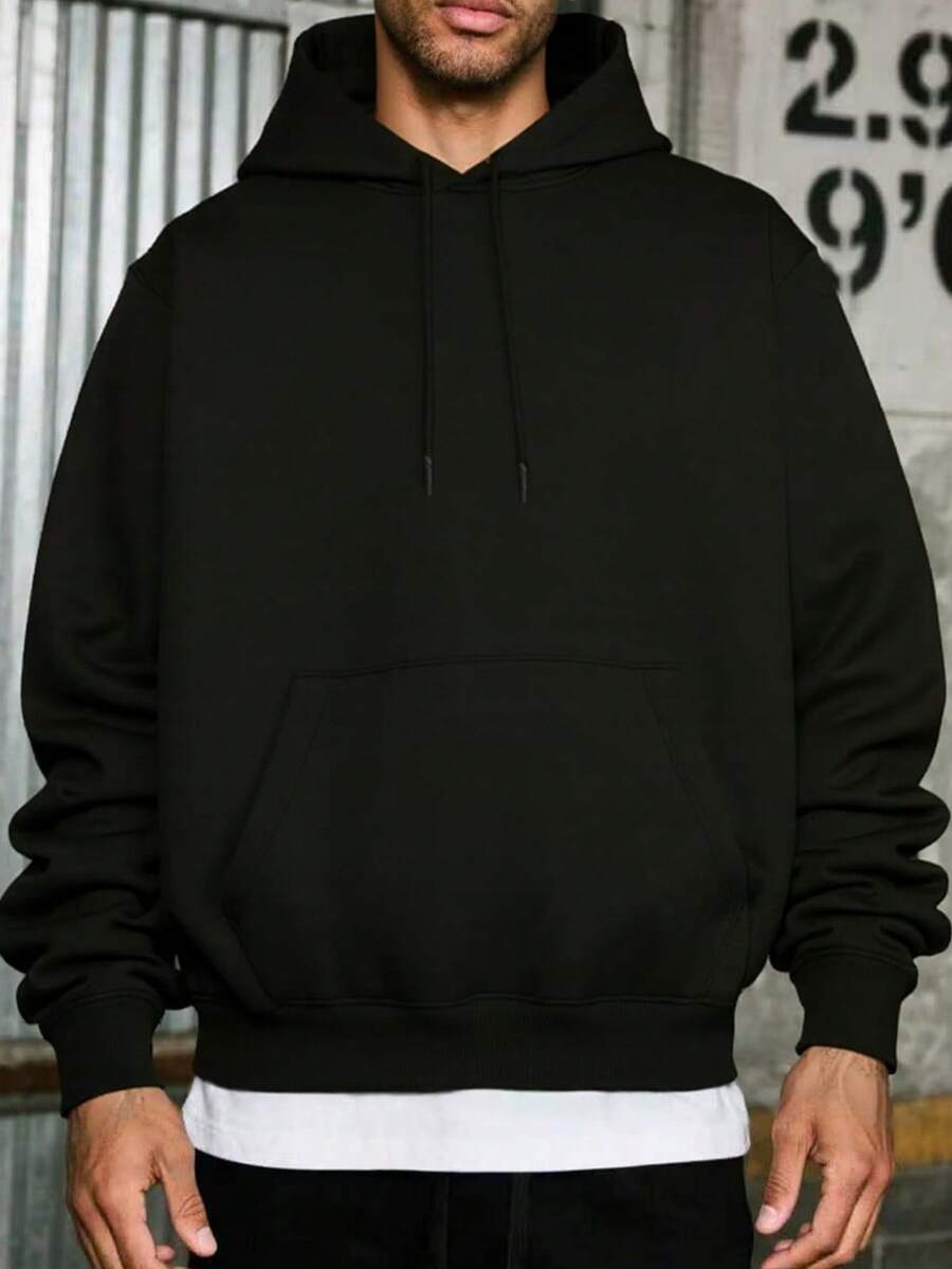 1pc Men's Casual Everyday Lazy Hooded Fleece Warm Sweatshirt, Basic And Simple, Spring/Autumn - Black - View 1