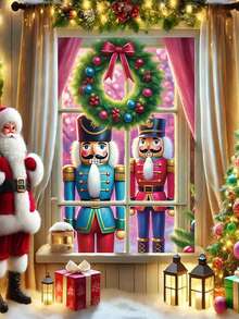 1 pièce Livre de l'histoire du Casse-Noisette rouge et or, décor de fenêtre de Noël, 80 cm * 120 cm, style fantaisie des vacances, décoration de fenêtre rectangulaire avec village enneigé, lumières scintillantes, boules de Noël, scène de nuit sous la lune, convient pour la décoration intérieure/extérieure de la maison, théâtre, fête de Noël et d'hiver