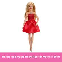 Barbie Mattel 80th Anniversary Ruby-Red Celebration Blonde Fashion Doll Wearing Red Dress With Silvery Shoes & Necklace, Collectible Toy