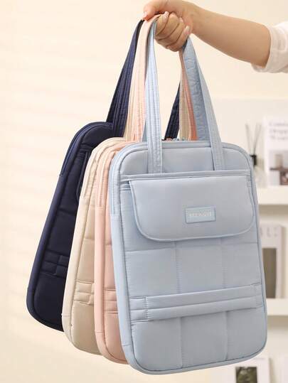 Cute Puffy Quilted Laptop Bag, Macaron Color Shoulder Tablet Bag With Handle, Soft Protective Notebook Case, Shockproof Tablet Bag Compatible With MacBook / IPad Classroom Laptop Bags Classroom Bags Teacher Storage Bags Classroom Organizer Bags