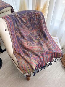 1 chiếc khăn choàng cổ giả cashmere dệt hoa văn Paisley thanh lịch dành cho nữ, khăn choàng tua rua đa năng phong cách Bohemian, phụ kiện ấm áp có thể đảo ngược cho hàng ngày, ngoài trời, du lịch - Màu tím - Xem 4