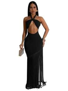 Women's Solid Color Hollow Out Design Bodycon Halter Sexy Party Dress - Black - View 6