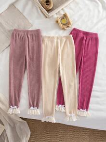 Zestaw 3 modnych i uroczych, jednokolorowych, elastycznych legginsów z wysokim stanem dla młodych dziewcząt, dzianinowe, miękkie i wygodne, koronkowe nogawki, swobodny i uniwersalny styl, idealne na wiosnę i jesień, zajęcia na świeżym powietrzu, do szkoły, joggingu na świeżym powietrzu, jazdy na rowerze, spotkań towarzyskich, imprez i codziennego wypoczynku