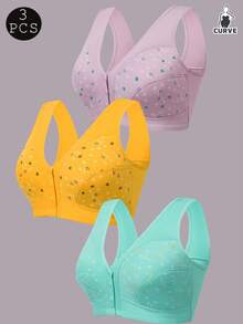 3pcs Front Closure Soft Camisole Bras For Mature Women, Wire-Free Plus Size Comfortable Lingerie,Autumn And Winter Styles,Spring And Summer Clothing - 彩色 - 查看 1