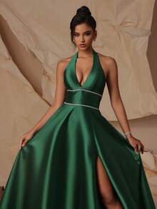 VIPGIRL Robe de soirée élégante pour femme sans manches, dos nu, à bretelles spaghetti, décorée de sequins contrastés, fente haute sur la cuisse, en tissu tissé long dos nu - Vert - Voir 5