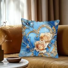 TOPSSCTR 4 Stücke, 2D Flach Digital Bedruckte Elegante Blumen & Schmetterling Dekorative Kissenbezüge - Einseitig Blau & Golden Blumen Bedrucktes Design, Weicher Polyesterstoff, 45x45 cm Quadratisch mit Reißverschluss, Maschinenwaschbar für Sofa, Schlafzimmer, Wohnzimmer Dekoration, Schlafzimmer Accessoires, Leuchtende Kissenbezüge