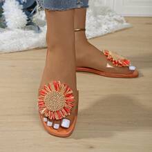 女士凉鞋，夏季鞋履，饰有花卉贴花设计，纯色优雅女士时尚休闲风格，法式浪漫风情，适合宽脚，百搭，适合派对、海滩、约会、正式场合、日常穿着，露趾设计，防滑，轻便，室内外皆宜的多功能平底拖鞋，饰有花卉图案 - 橘色 - 查看 8
