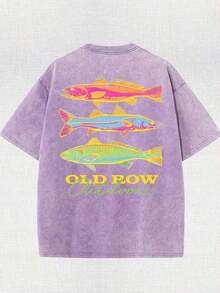 Casual Summer Washed Cotton T-Shirt [Old Row Outdoor] Fish Print, Round Neck, Short Sleeves, Lightweight Cotton Knitted Fabric, Casual Summer Round Neck Shirt| Rib Details. - 紫色 - 查看 2