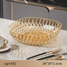 1 件金边钻石纹水果盘，多功能家用客厅豪华透明塑料水果碗，厨房蔬菜盘，水果篮，可重复使用