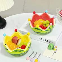 一套西瓜造型陶瓷水果盘，配有水果叉，大容量设计，适合客厅茶几使用，可用作水果碗或盘子，可爱的家居装饰品 - 彩色 - 查看 6