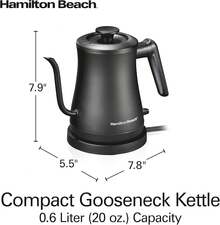 Hamilton Beach - Hervidor eléctrico compacto de cuello de cisne de 20 onzas / 0,6 litros para agua hirviendo, verter sobre café, té, calentamiento ultra rápido con 1200 vatios, interior de acero - Negro - - Ver 11