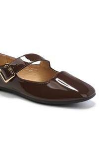 Zapatos planos de mujer con diseño de hebilla, unicolor brillante, con cordones, adecuados para la oficina y el hogar - Marrón - Ver 2