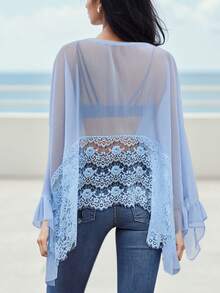Womens Y2K Lace Patchwork Frill Poncho Tops Solid Color See Through Batwing Sleeve V Neck Ruffle Hem Loose Fit Sheer Mesh T Shirts Blouses Boho Peplum Shawl Shirts Summer Going Out Tops Beach Cover Up Vacation Streetwear - 藍色 - 查看 2