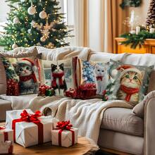 4pcs Christmas Cat Pattern Set - Single-Sided Printed Throw Pillow Cover 45*45cm - Multicolor - View 2