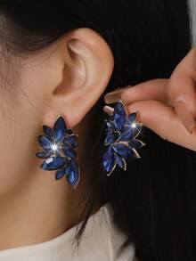 1 对波西米亚合金镶嵌玻璃钻石耳环，时尚百搭高端奢华夸张优雅女士耳环 - 寶藍色 - 查看 5
