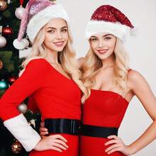 Christmas Dress-Up Sequin Ball Fuzzy Santa Hat For Holiday Parties And Christmas Celebrations, Festive Dressup, Seasonal Event, Fuzzy Trim, Festive Design, Plush Material, Lightweight Fabric, Festive Headwear, Costume Prop, Costume Enthusiasts, Holiday Shoppers - Red - View 6