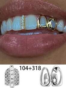 2pcs Hollow Golden Side Tooth Decor Niche Design Double Hollow Heart Shaped Teeth Decor Hip Hop Punk Style For Women, Music Festival, Party, Holiday, Couples Gift