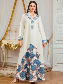 女士穆斯林长袍，优雅浪漫 V 领印花串珠长袍，伊斯兰全长长袍，适合度假、约会、休闲日常穿着 - 杏色 - 查看 10