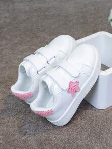 1 Pair Kids Versatile Hook And Loop Breathable White Sneakers With Embroidered Bow, Chinese Knot Decor, Fashion Casual Flat Shoes For Girls And Boys - 粉色 - 查看 2