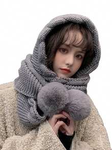 Damen gestrickter Hut mit Schal, süßer Bommel Ohrenschutz, dick & warm, vielseitig für Herbst/Winter