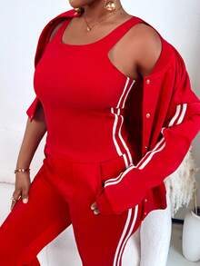 ChicMe 3件套女士条纹吊带装饰无袖背心、纽扣前襟外套、抽绳口袋长裤，时尚休闲运动套装 - 紅色 - 查看 5