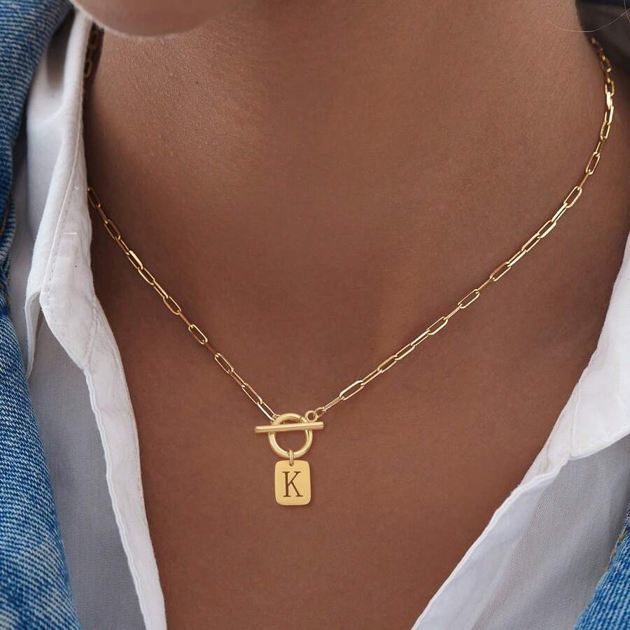 1件经典简约方形字母吊坠，金色不锈钢回形针链项链，女士款 - 金黃色 - 查看 1
