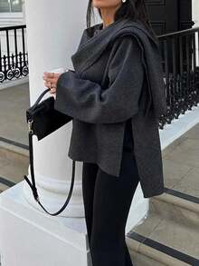 Chaqueta de punto informal con estilo de bufanda, de corte asimétrico y ultra holgada para mujer - Gris - Ver 4