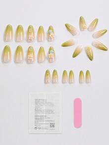 24片/盒 绿色渐变山茶花法式水滴美甲贴纸，包含1瓶果冻胶和1个指甲锉，适合女性和女孩使用。