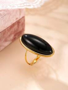 1 pieza de anillo ajustable de acero inoxidable con diseño de gema ovalada de moda, chapado en oro de 18k, adecuado para uso diario de mujeres, citas festivas, compromisos, bodas, accesorio que puede regalarse a amantes, amigos y familiares