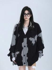 Áo khoác cardigan dệt kim dáng rộng phong cách retro đường phố dành cho nữ, áo len casual phối màu dáng rộng màu đen. - màu đen - Xem 3