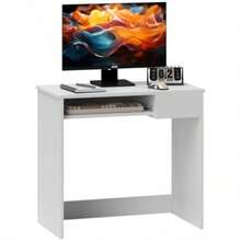 THE 80cm Compact Computer Desk With Keyboard Tray, Home Office Desk With Drawer Bedroom Study, White - White - View 2
