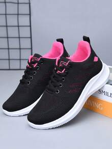 女士休闲运动鞋，轻便舒适的低帮步行鞋，圆头系带休闲跑鞋，网眼透气面料镂空轻便运动鞋