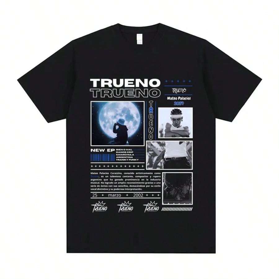 Rapper Trueno Graphic Tshirt Men's Hip Hop Fashion Vintage Streetwear Summer Men Women Casual Cotton Oversized O-Collar T-Shirt - 黑色 - 查看 1