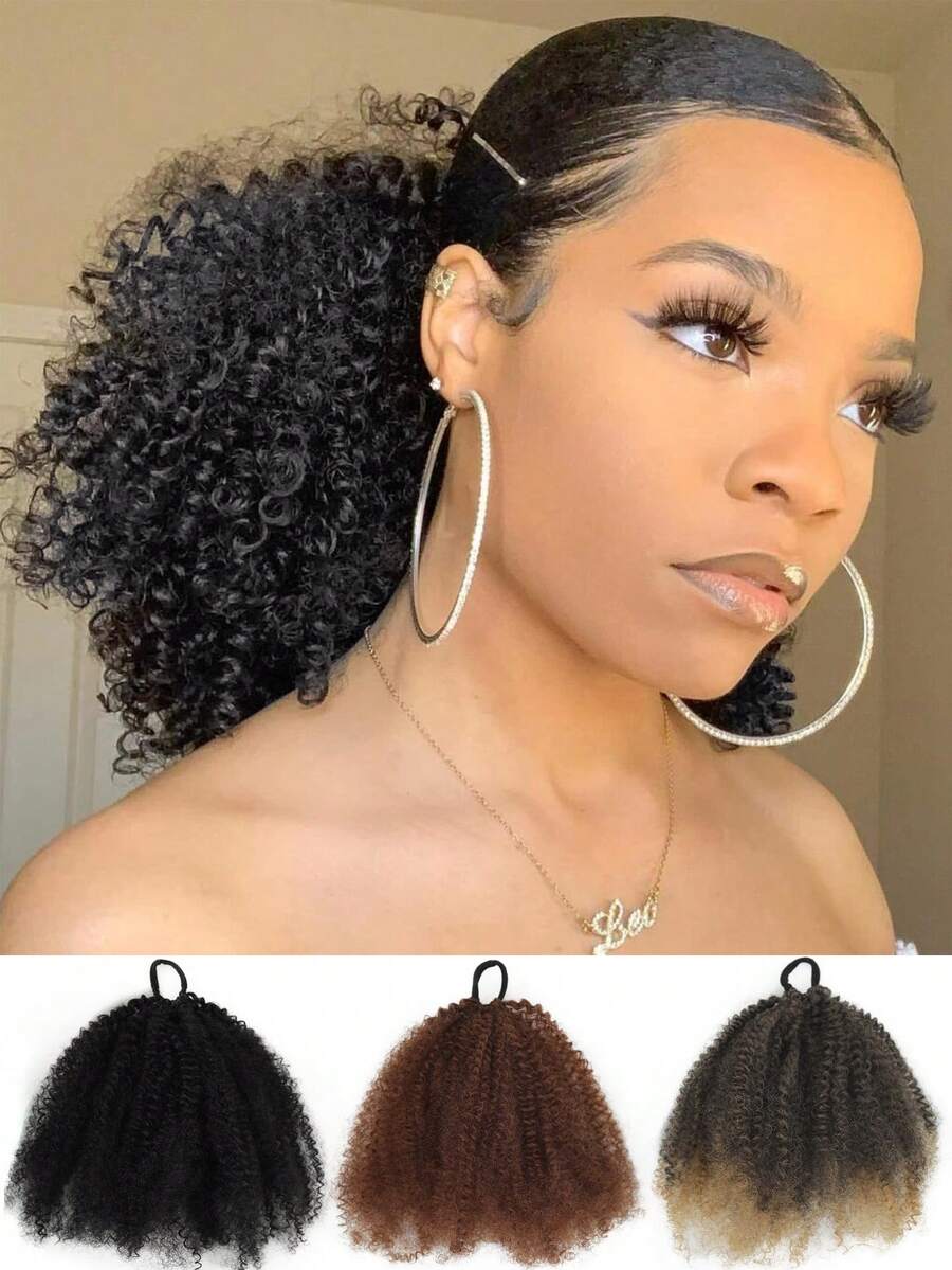 Afro Kinky Curly Synthetic Extensions Weave Bundles Weaving African Black Ponytail Elastic Band Hair Ring Ponytail 10 Inches - Multicolor - View 1