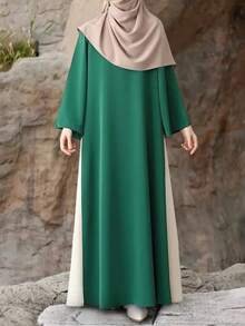 Fashion Women's Casual Solid Color Loose Round Neck Zipper Long Robe Dress Casual, All-Season Wear (No Headscarf Included), Modest Apparel