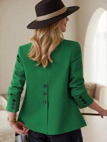 HOMEYEE Blazer Jacket With Lapel Collar, Long Sleeve, Pockets, Back Slit, Vintage Elegant Casual Vacation Business Professional Attire, Plus Size - 綠色 - 查看 4