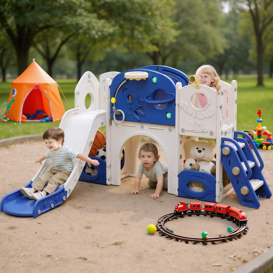 LILIIN 8-In-1 Children's Slide For Toddlers From 1 Year Old, Indoor And Outdoor Use, Freestanding Slide Made Of HDPE & PP, With Climbing Ladder, Tunnel, Storage Space, Basketball Hoop And Play Telescope, Up To 50kg - Blue and White - View 1