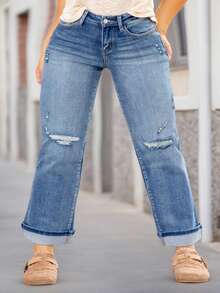 Plus Size Women's Distressed Denim Jeans - Medium Wash Blue Long Pants - Comfortable And High Quality - Medium Wash - View 4