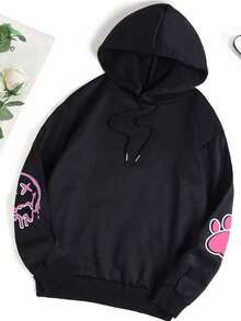 卡通图案袋鼠口袋抽绳连帽衫，长袖上衣 - 黑色 - 查看 2