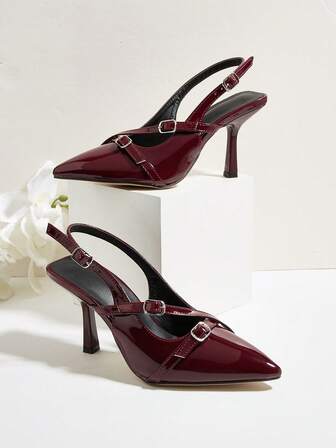 Wine Red Glossy Ribbon Buckle Decor Stiletto Heel Slingback Pumps, Versatile For Daily Wear, Banquet, Party, Fashion Women High Heels