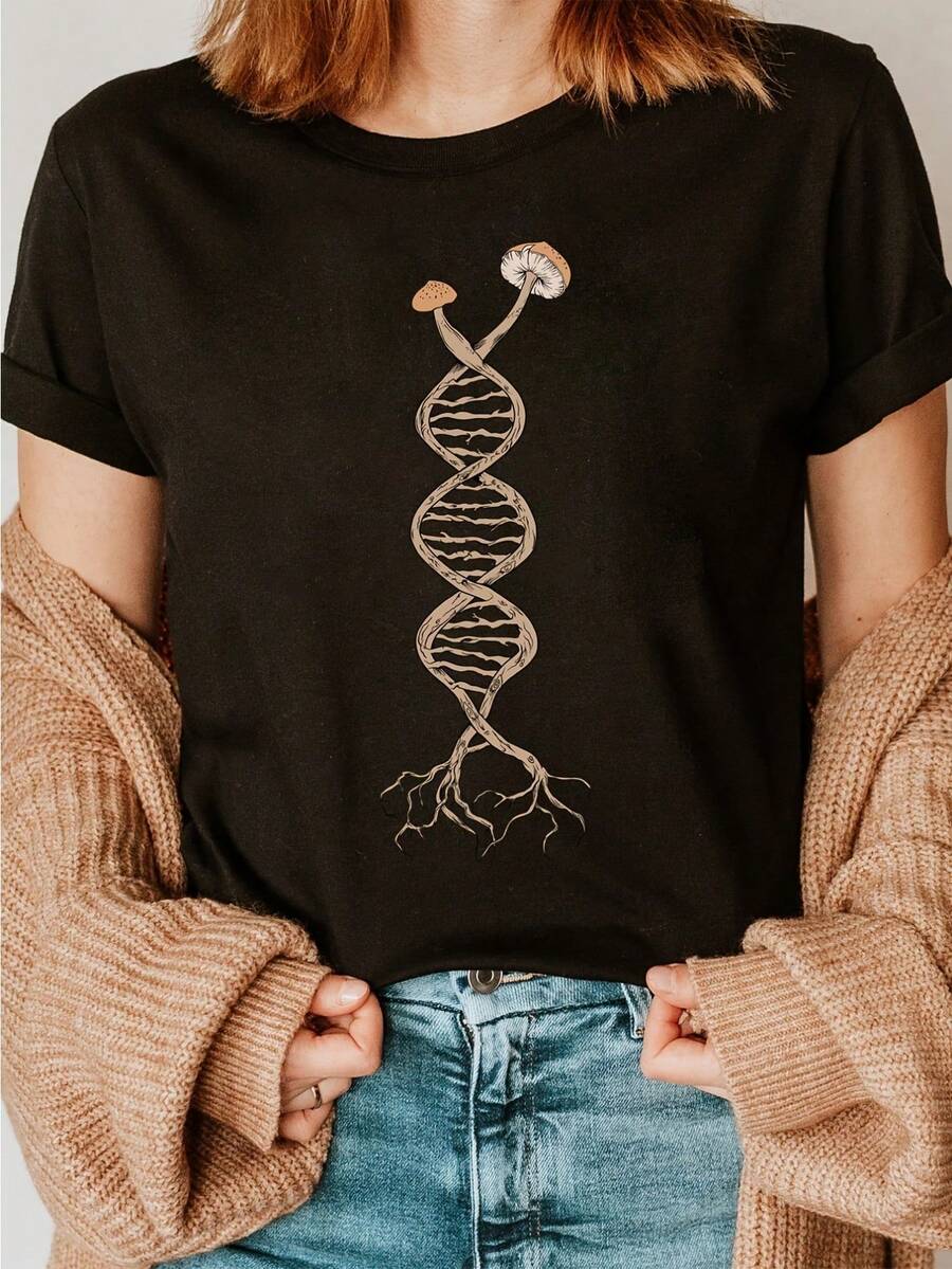 Women's &Quot;Pick Mushrooms Is In My DNa&Quot; Graphic Cotton T-Shirt - Short Sleeve Crew Neck Casual Top With Fungi Mycology Print, Semi-Sheer All-Season Comfort, Machine Washable, Comfortable Fit Tee, Natureinspired Design, Unique Print Shirt - Black - View 1