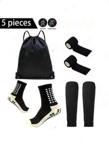 5pcs/Set Football Gear Set, Includes Waterproof Drawstring Bag, Non-Slip Football Socks, Leg Sleeves, Self-Adhesive Sports Bandage, High Leg Sleeves For Youth Sports Training
