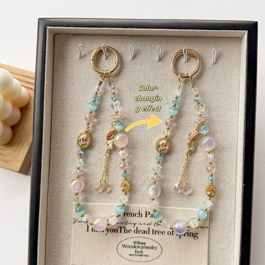 Cordón para teléfono con colgante de pez dorado de cristal con borlas, correa de muñeca con colgante de pez que cambia de color, funda para teléfono, llavero, colgante para bolso