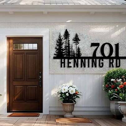 1pc Customized Large Metal Address Plaque - Personalized Pine Tree Design With Your Name, Weather-Resistant Iron Wall-Mounted House Number Plate For Homes, Villas And Apartments - Ideal Housewarming And Holiday Gift, Outdoor Decor