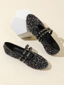 Women's Round Toe Flat Mary Jane Shoes With Metallic Accent, Fall, Autumn, Fashion Slip-On Flats