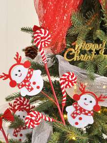 Błyszczące, świąteczne ozdoby w kształcie bałwana i renifera – materiałowe łodygi choinkowe z klipsami, nie wymagają prądu, czerwono-biały wzór w paski z laską cukrową, idealny na czubek choinki do użytku wewnątrz i na zewnątrz oraz jako świąteczna dekoracja domu