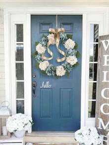 Artificial Hydrangeas Wreath - 17.7in Autumn Floral Garland With Hydrangeas, Fall Foliage - Hanging Door Decoration For Front Door, Mantel, Table Centerpiece - Easy Hang Loop - Thanksgiving, Christmas, Home Decor - Year-Round Fall Decoration - 白色和藍色 - 查看 1