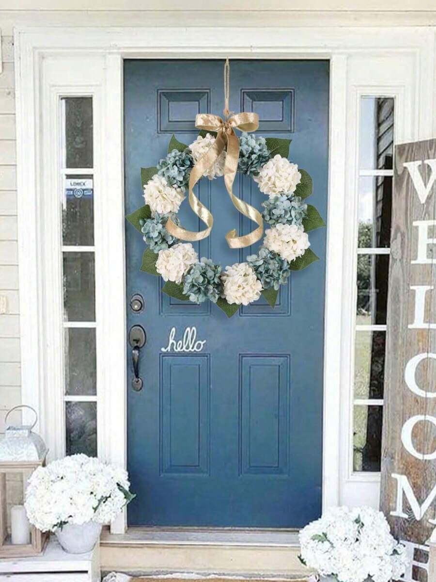 Artificial Hydrangeas Wreath - 17.7in Autumn Floral Garland With Hydrangeas, Fall Foliage - Hanging Door Decoration For Front Door, Mantel, Table Centerpiece - Easy Hang Loop - Thanksgiving, Christmas, Home Decor - Year-Round Fall Decoration - Trắng và Xanh - Xem 1