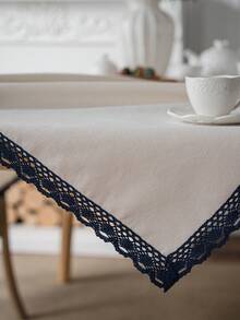 1 pieza Mantel con ribete de encaje blanco y azul marino estilo granja vintage, crea una atmósfera acogedora en el hogar, decoración diaria para la mesa de comedor familiar - Blanco - Ver 8